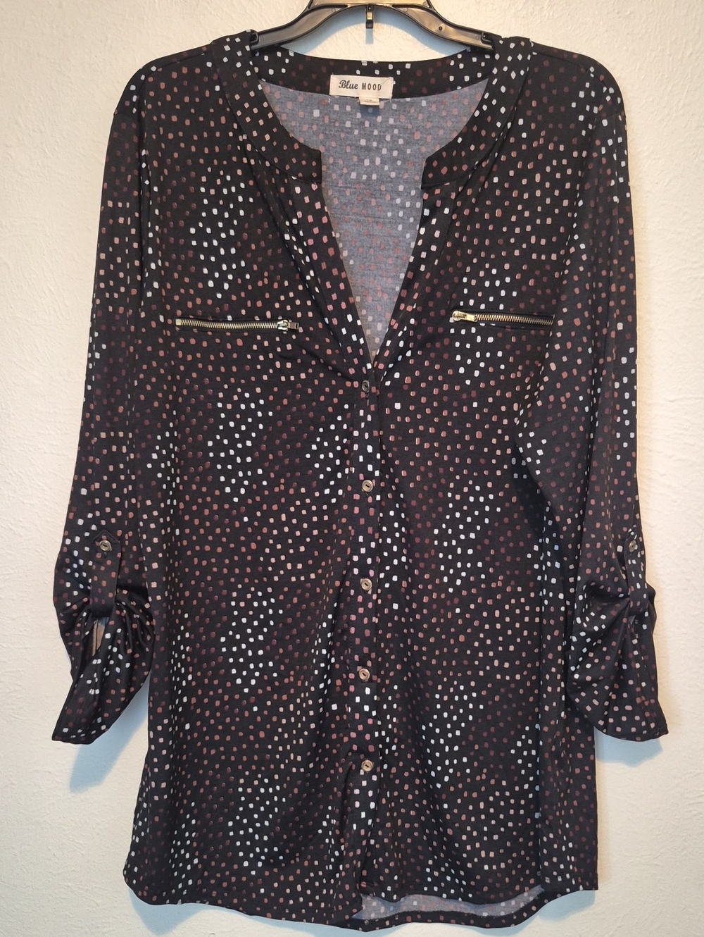 Blue Mood Black Polka Dot Zip-Pocket Button-Down Blouse